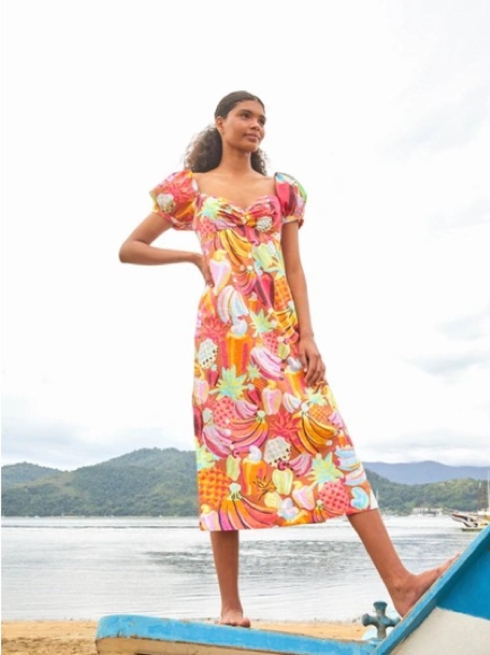 Farm Rio Multicolor Tropical Fruit-Print Puff Sleeve Midi Dress best L